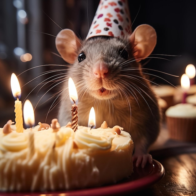Una rata linda con un sombrero festivo se sienta frente a su pastel