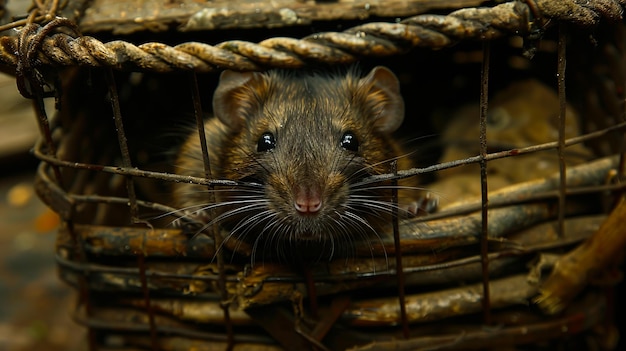 Foto una rata marrón está sentada en una jaula.