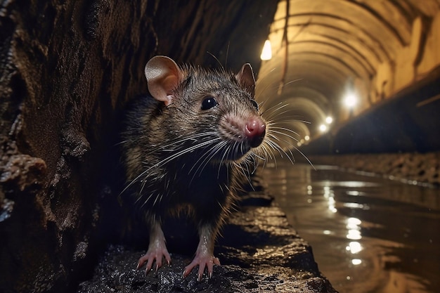 Una rata marrón en un túnel oscuro por la noche