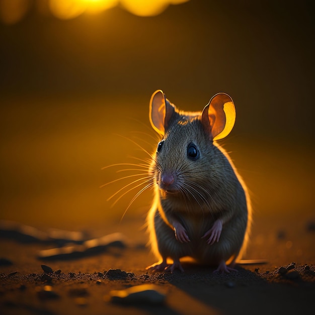 Una rata se para en la oscuridad con el sol brillando en su cara.