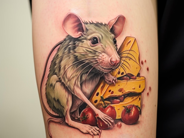 Rata con queso y tomates Un tatuaje realista de un roedor y comida
