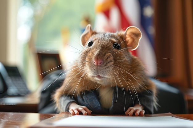 Rata sentada en un escritorio con los Estados Unidos en un traje Generativo Ai