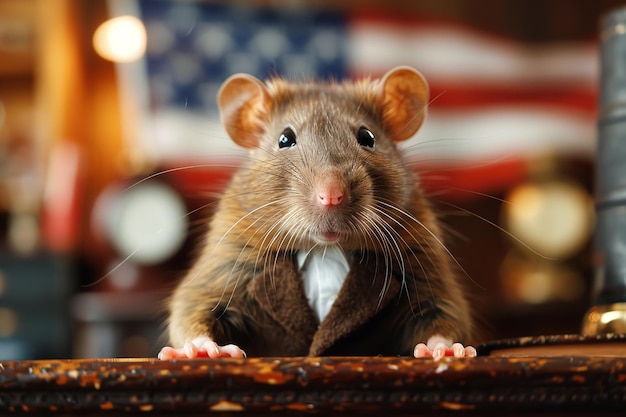 Rata sentada en un escritorio con los Estados Unidos en un traje Generativo Ai