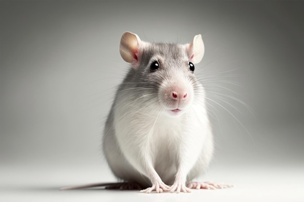 Una rata se sienta sobre un fondo gris con un fondo gris.