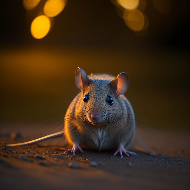 Una rata se sienta en el suelo frente a un fondo borroso con luces.
