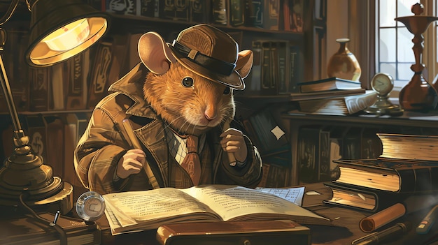 Foto una rata con sombrero y abrigo está sentada en un escritorio mirando un documento