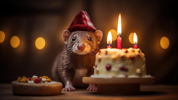 Una rata con sombrero junto a un pastel de cumpleaños con velas encendidas