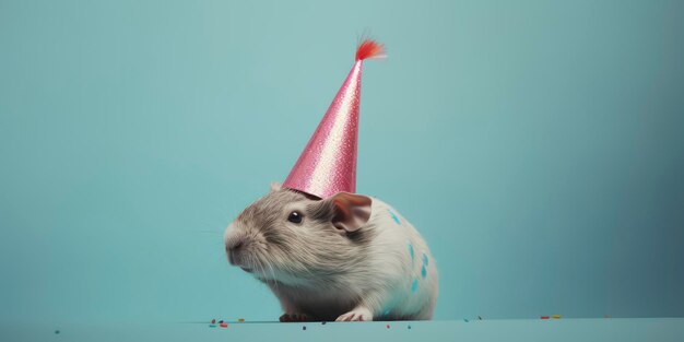 Una rata con un sombrero rosa está de pie sobre un fondo azul.