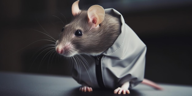 Una rata con una sudadera con capucha y un ratón gris dentro.