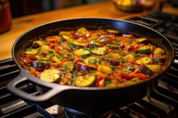 Ratatouille in einer Castiron-Pfanne auf einem Herd.