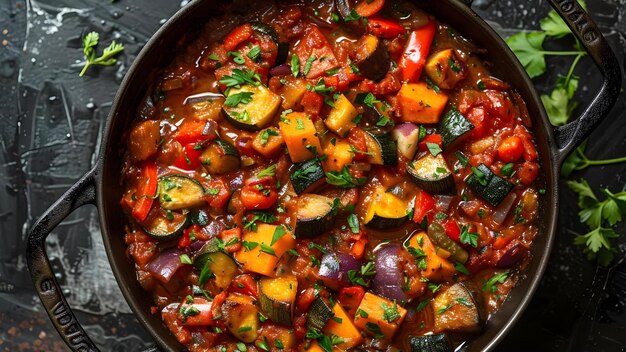 Ratatouille mit frischem Gemüse Kochen auf der Pfanne Konzept Ratatouillerezept Frisches Gemüse Kulinarische Techniken Gesundes Kochen