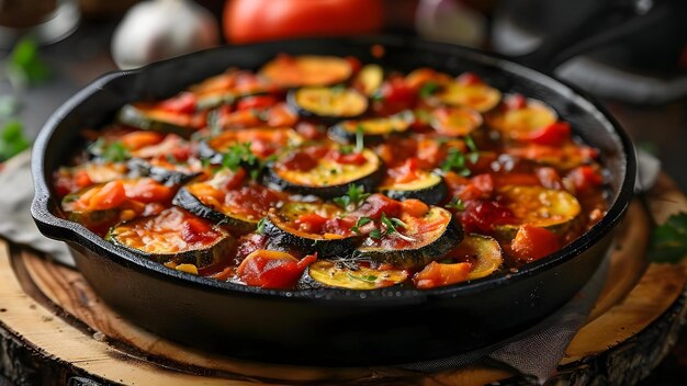 Foto ratatouille en una sartén de hierro fundido un plato francés clásico en una mesa de cocina rústica concepto cocina francesa utensilios de cocina de hierro fundido decoración del hogar rústica fotografía de alimentos recetas vegetarianas