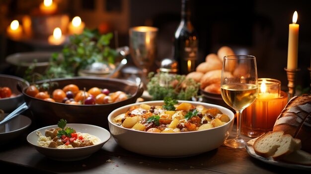 Ratatouille de verduras en una sartén en una mesa de madera