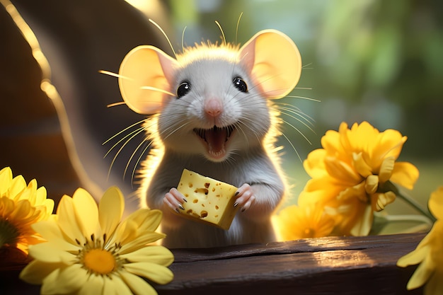 Ratinho bonitinho comendo queijo com fundo de flores