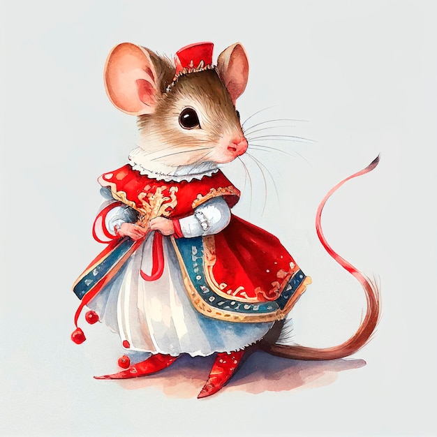 Ratinho bonitinho pintado em aquarela vestido com uma elegante fantasia de donzela Imagem para álbuns de recortes