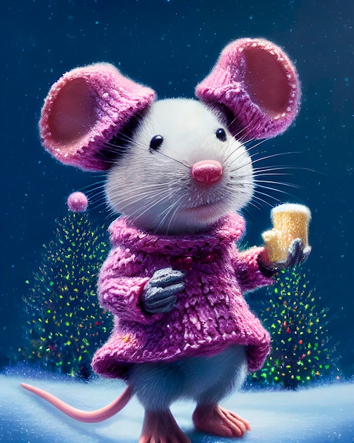 ratinho bonitinho, rato, atmosfera natalina, cartão postal de ano novo, nevasca, inverno