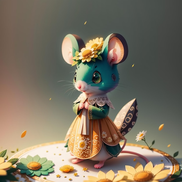 Ratinho fofo e adorável e flores Generative AI