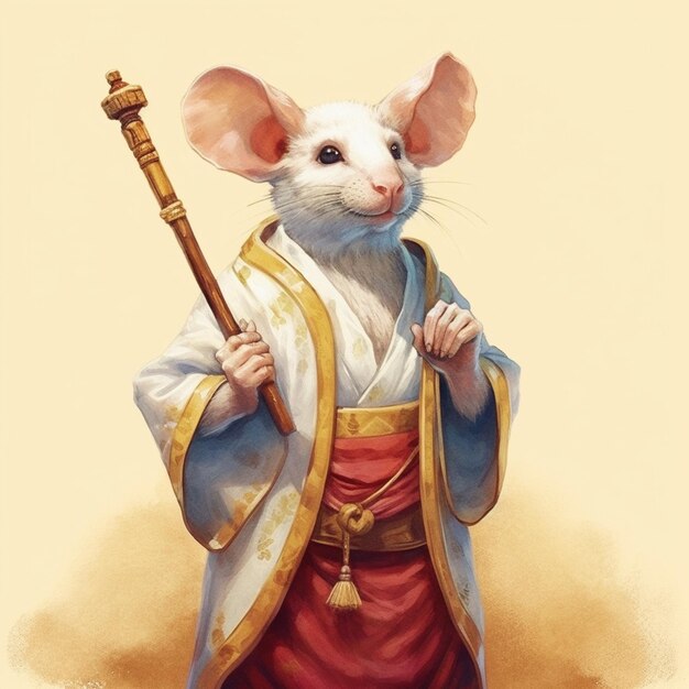 Foto rato arrafado vestido com uma roupa de kimono segurando um bastão generativo ai