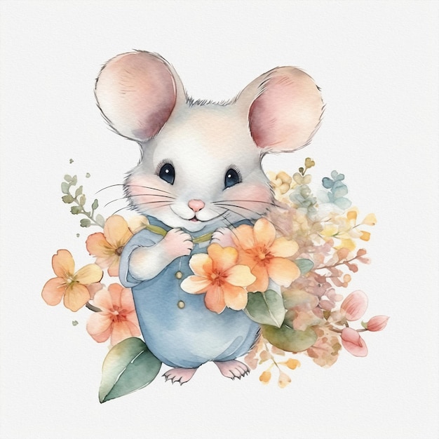 Rato bebê fofo cores pastel flores ilustração aquarela