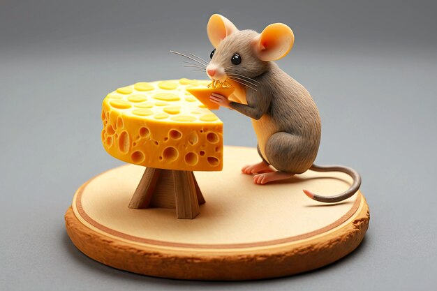 Um pequeno rato explorando um pedaço gigante de queijo suíço