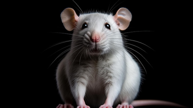 Rato branco inspirado no precisionismo sentado em fundo preto