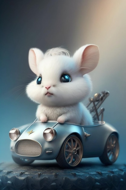 Rato branco sentado em cima de um carro prateado generativo ai