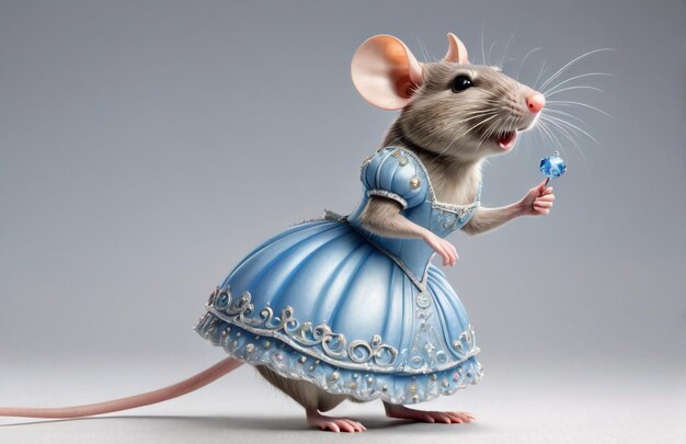 Foto rato caricatura antropomórfico vestindo uma roupa de cinderella