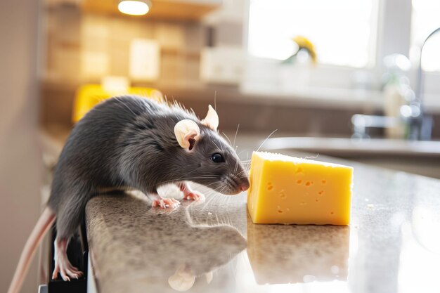 Rato cheirando bloco de queijo no balcão da cozinha