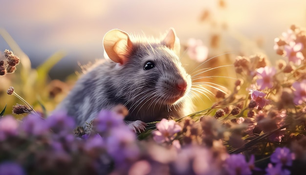 Rato cinzento no campo de flores ao pôr do sol no verão