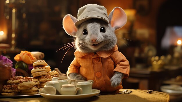 Rato com chapéu na mesa