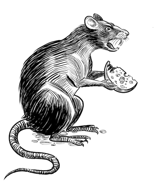 Foto rato com um pedaço de queijo ilustração em preto e branco desenhada à mão