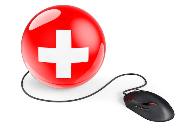 Rato de computador com rede de Internet de bandeira suíça na renderização 3D do conceito da Suíça
