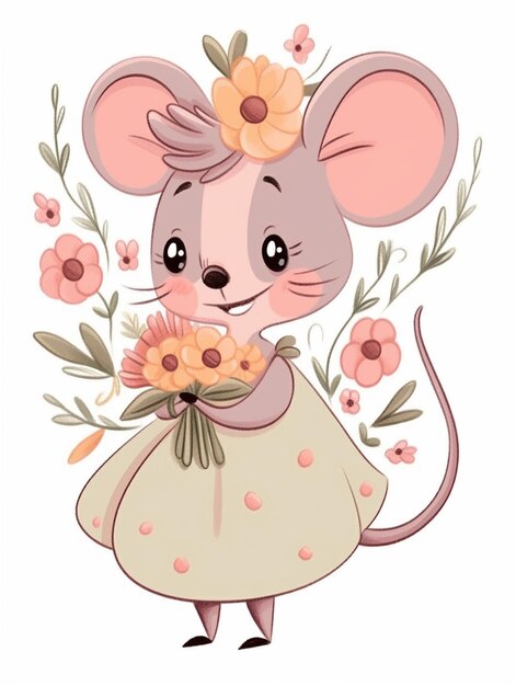 Foto rato de desenho animado com flores na mão generativa ai