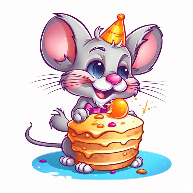 Foto rato de desenho animado com um bolo de aniversário e um chapéu de festa generativo ai