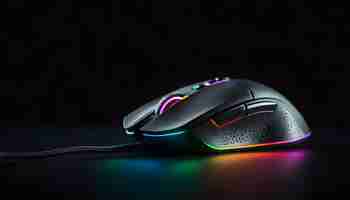 Foto rato de jogo preto com iluminação rgb multicolor em fundo escuro
