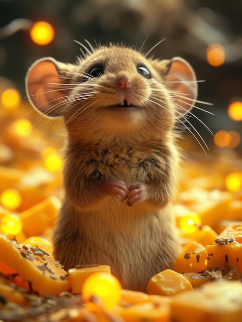 Rato de pé em queijo Um rato de pé na frente de uma pilha de queijo e luzes