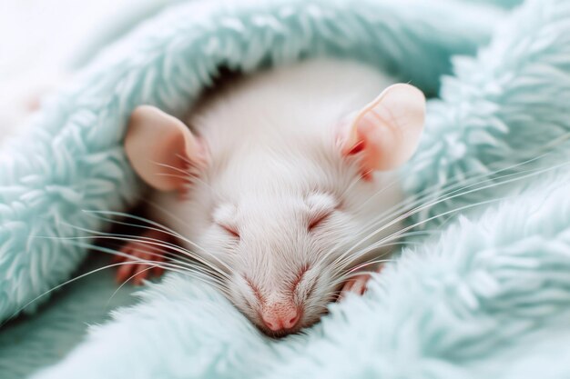 Rato doméstico branco dormindo sob um cobertor macio na cama de perto