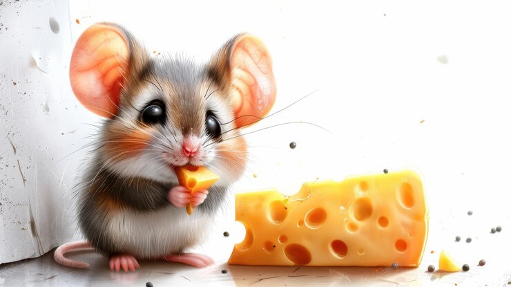 Foto rato engraçado com um pedaço de queijo em um fundo branco