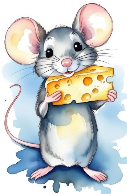 rato fofo com orelhas grandes segurando um pedaço de queijo suíço ilustração em aquarela de personagem engraçado