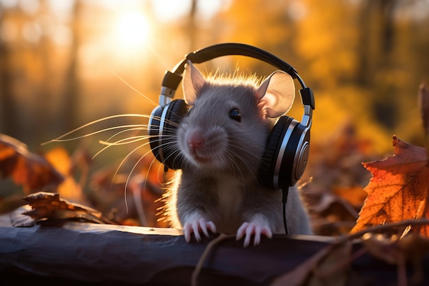 Rato fofo ouvindo música com fones de ouvido no parque