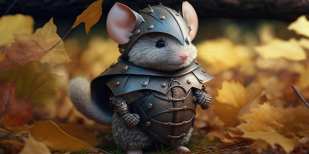 Rato guerreiro de design de personagem de conto de fadas em armadura medieval