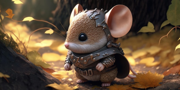 Rato guerreiro de design de personagem de conto de fadas em armadura medieval