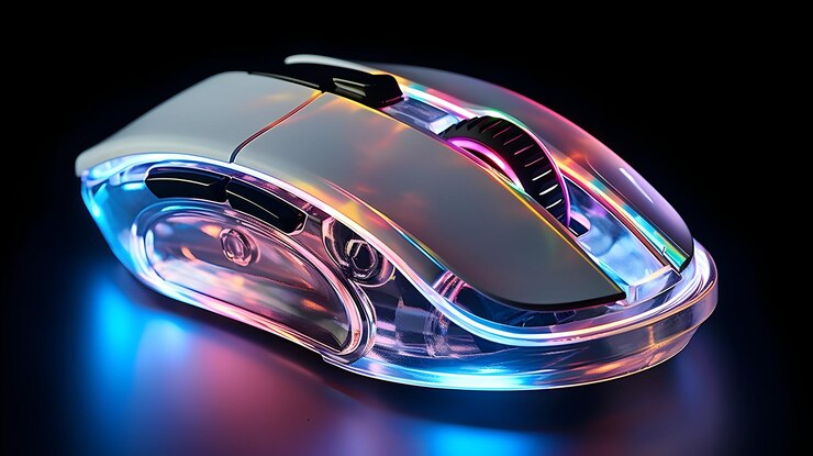 Foto rato inalámbrico transparente iluminación de estudio de vidrio esmaltado sobre fondo blanco
