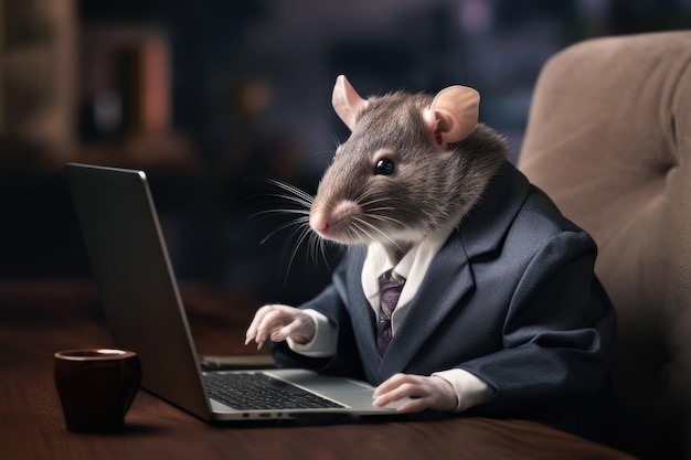 Rato sério vestindo terno de negócios trabalhando no laptop em sua mesa no escritório Ilustração realista de IA generativa