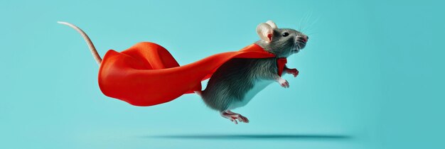 Rato superhéroe Rato gris lindo con una capa roja saltando y volando sobre un fondo azul claro con espacio de copia El concepto de un superhéroe divertido líder de mascotas divertido animal de estudio disparado