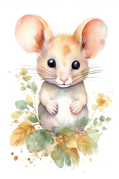 Ratón acuarela clipart lindo aislado sobre fondo blanco con tecnología de IA generativa