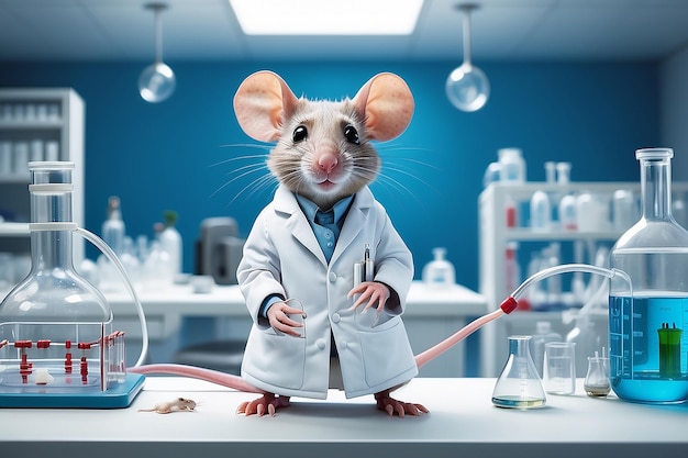 Ratón Arafed en un laboratorio con un fondo azul