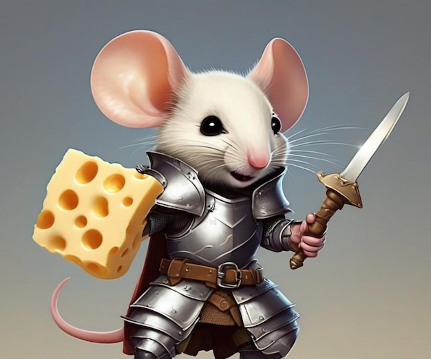 Un ratón en armadura con una espada corta un pedazo de queso