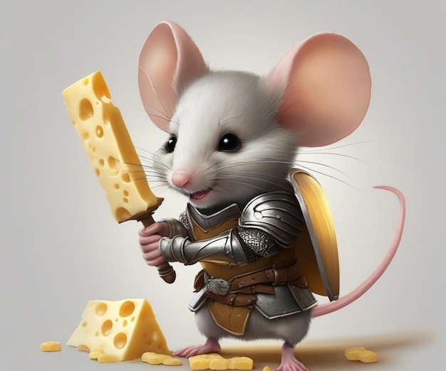 Foto un ratón en armadura con una espada corta un pedazo de queso