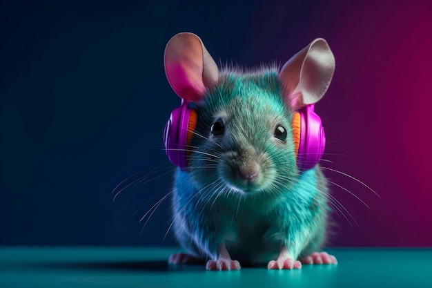 Ratón en auriculares que reduce la música IA generativa